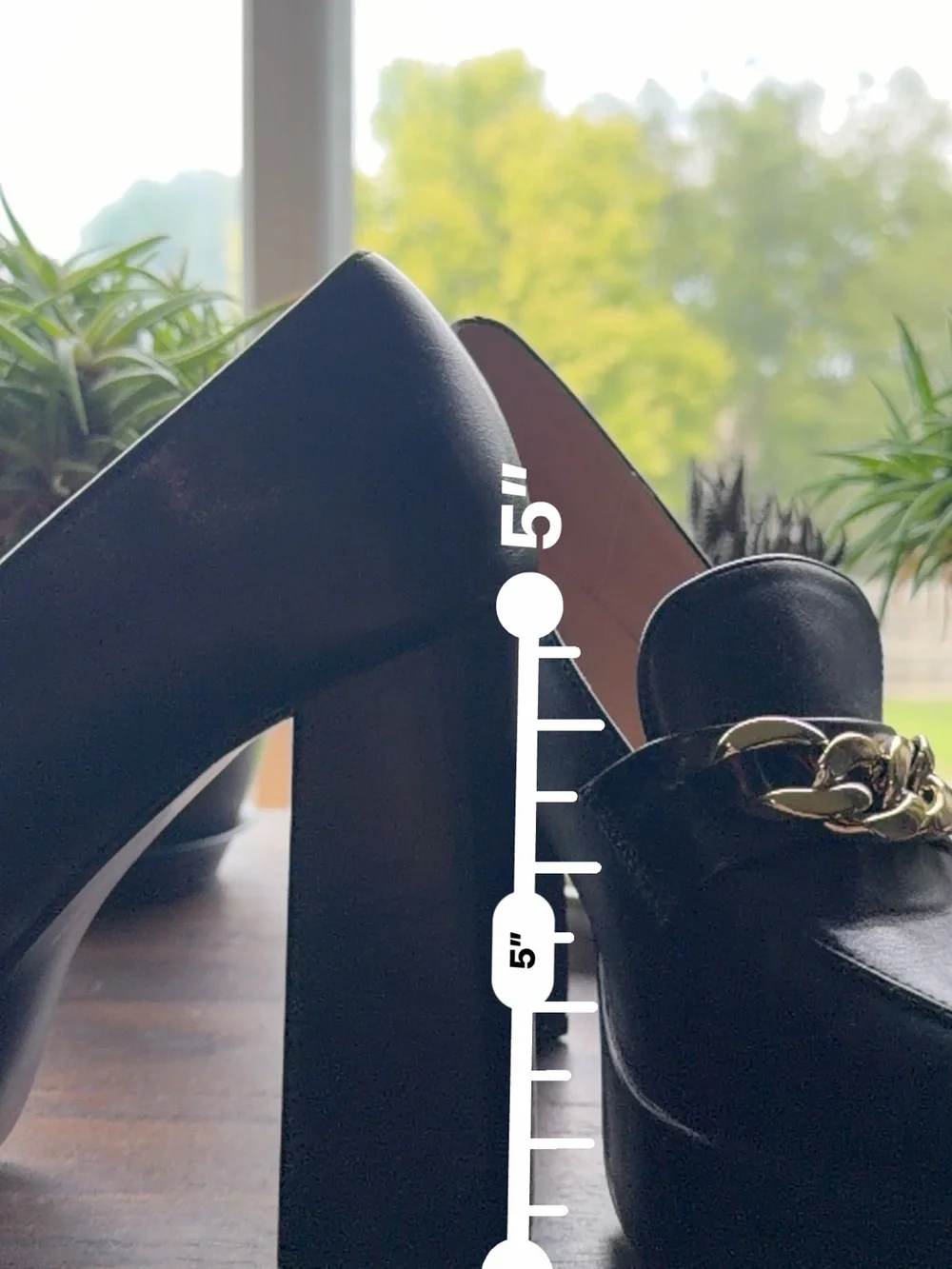 Black Platform Block Heel Loafers with Gold Chain Accent